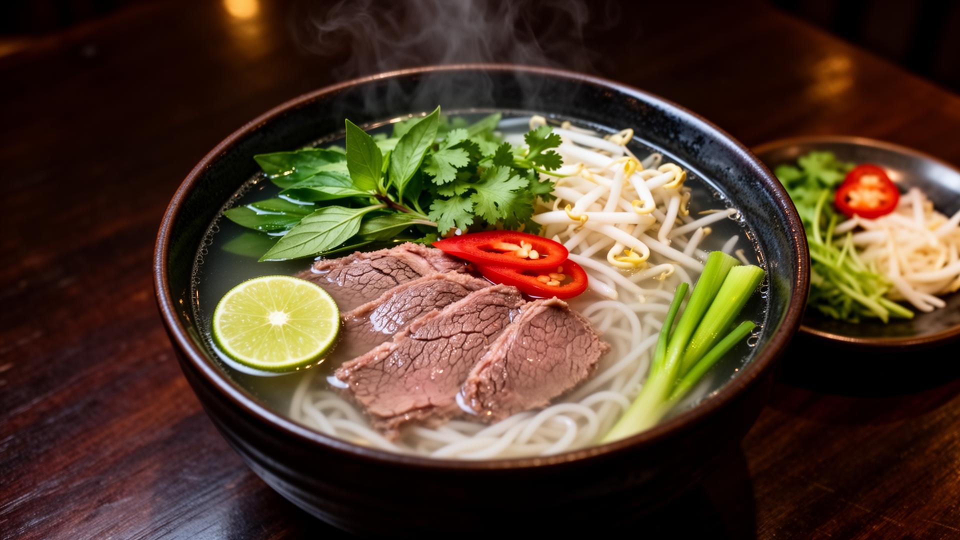 Steaming bowl of Vietnamese pho